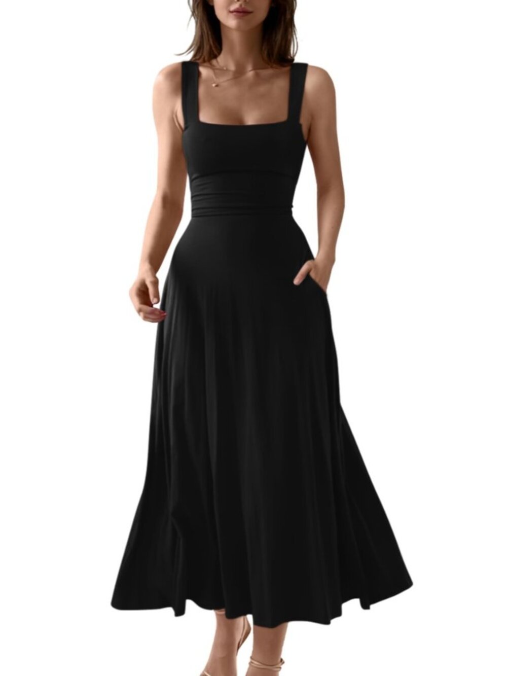 Women's Casual Sleeveless Square Neck A-Line Flowy Long Dress